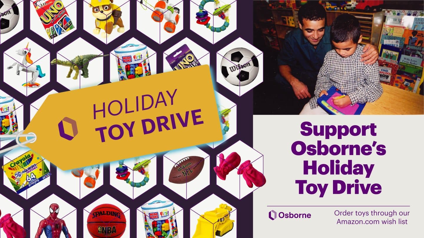 Toy drive image with a photo of a parent and child playing with a drawing toy on the right side. Toys in hexagons are arranged on the left.