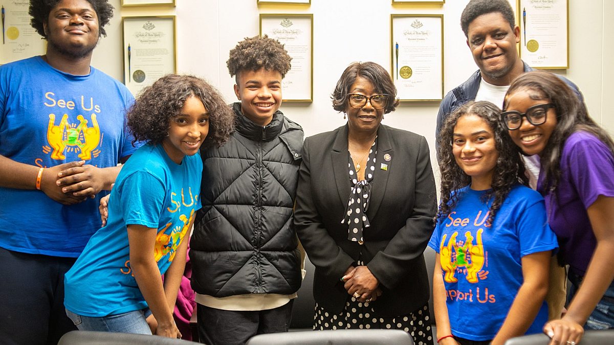 Youth Action Council pictured with Majority Leader of the New York State Assembly representing Assembly District 141, Crystal Peoples-Stokes