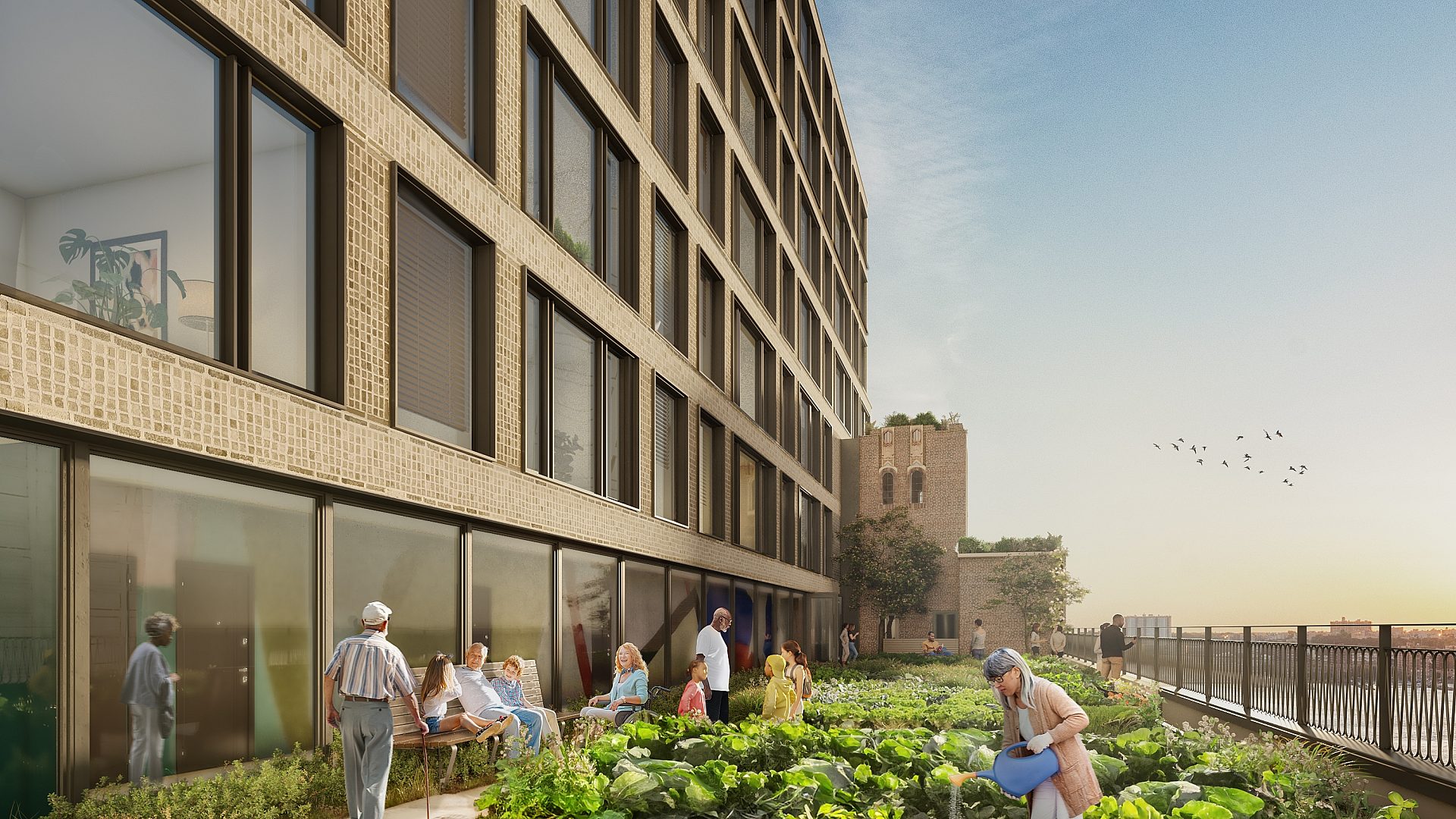 Terrace rendering displays people sitting in groups of one and two, standing in front of greenery and also gardening.